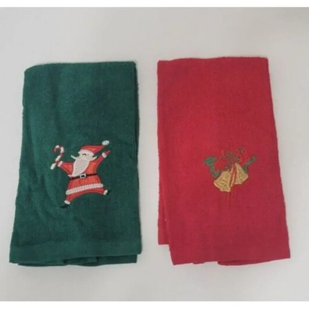 Vintage Christmas Hand Towels Red Jingle Bells Green Santa Set of 2